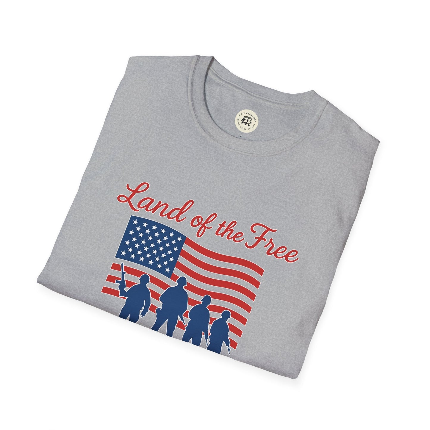 Gray Printify T-Shirt with Land of the Free shirt design featuring American flag and soldiers silhouettes