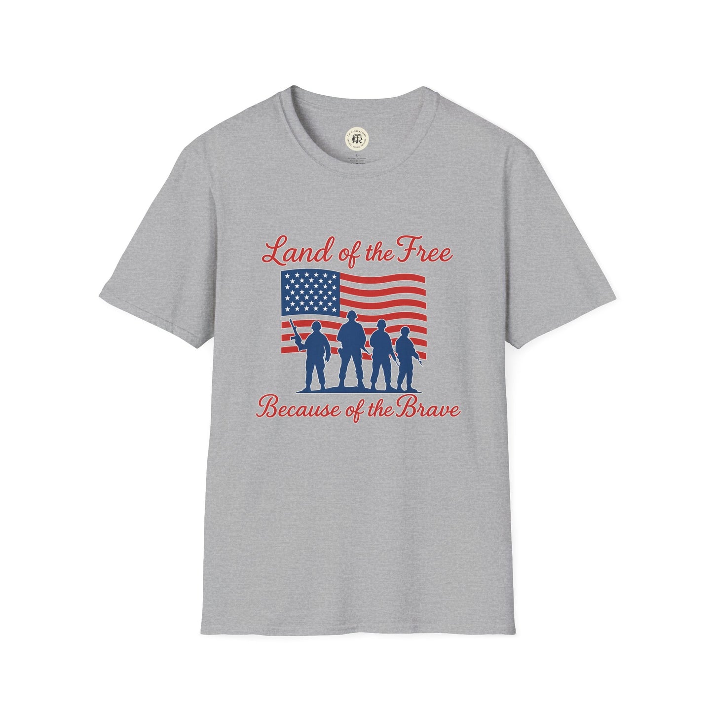 Gray Printify Land of the Free shirt with American flag and soldier silhouettes design