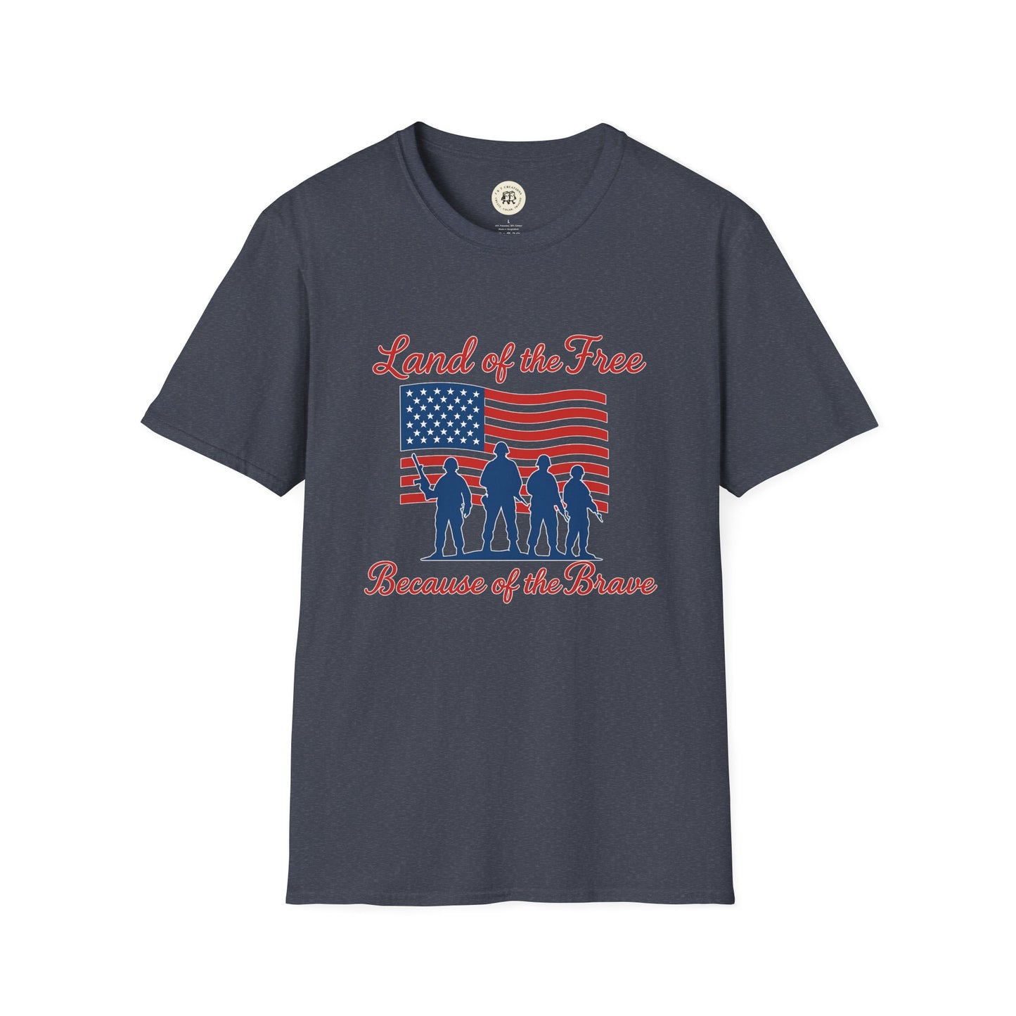 Printify Land of the Free shirt navy blue with American flag and soldier silhouettes patriotic design