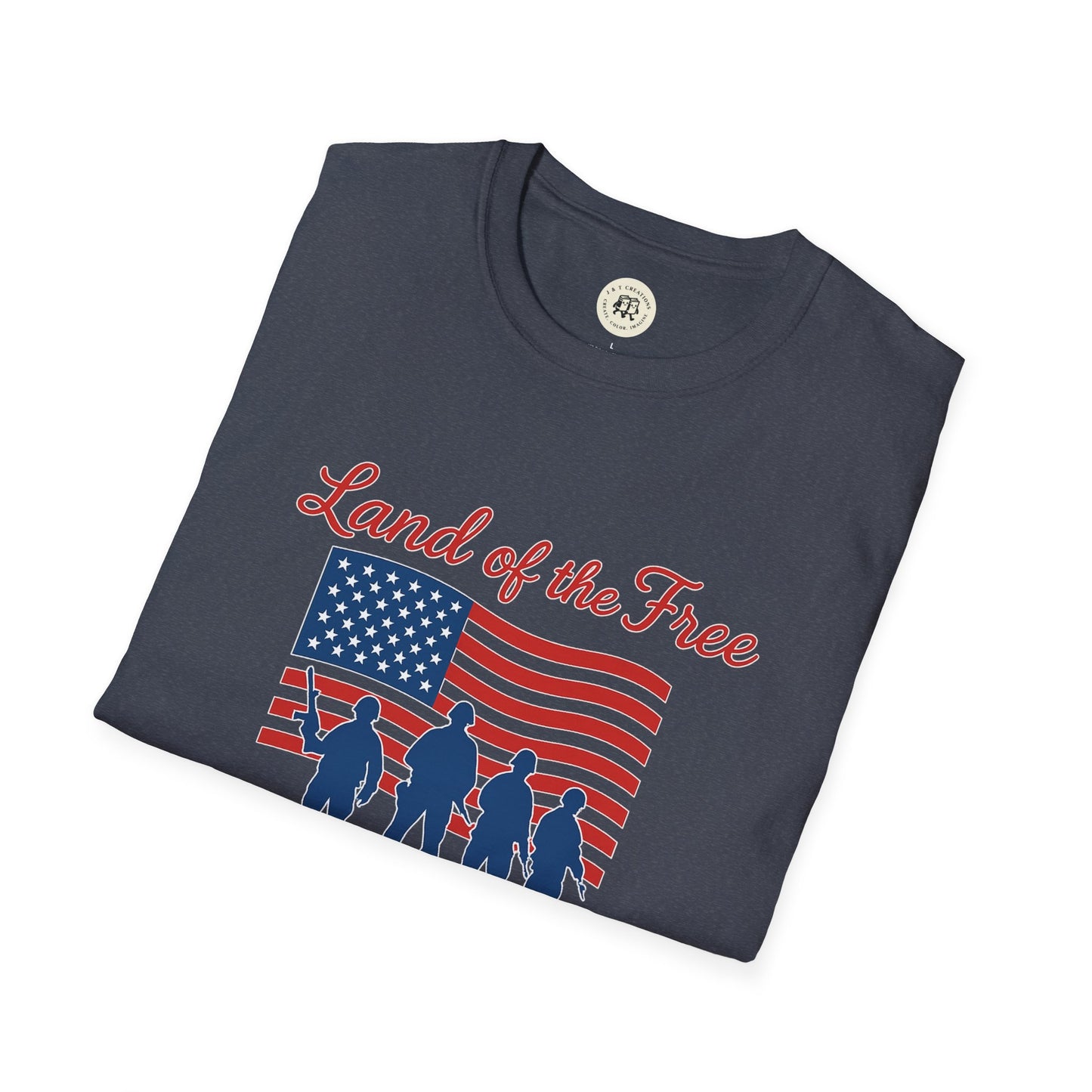 Folded navy blue Land of the Free shirt with American flag and soldier silhouettes print by Printify