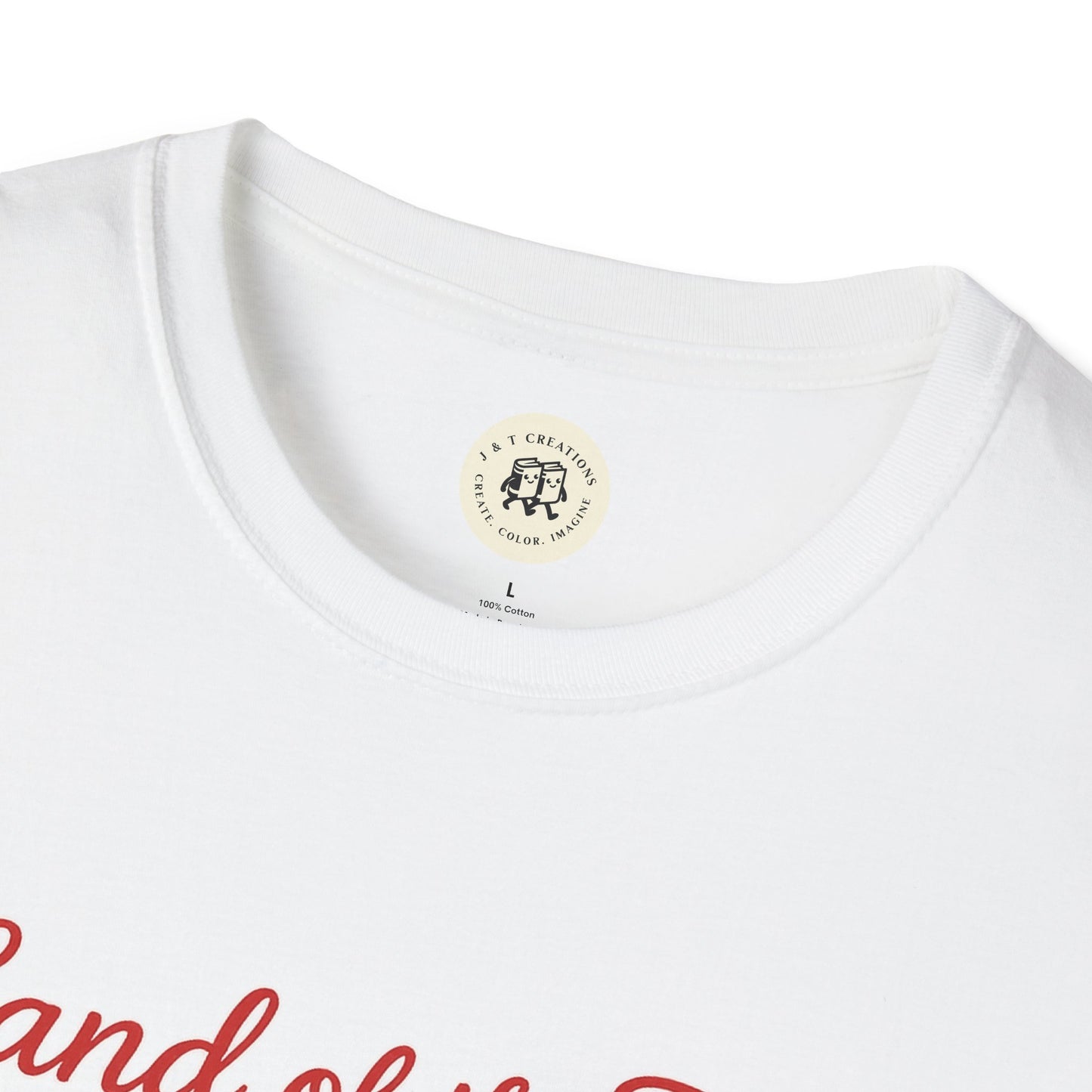 Close-up of white Printify T-shirt collar showing Land of the Free shirt red text design