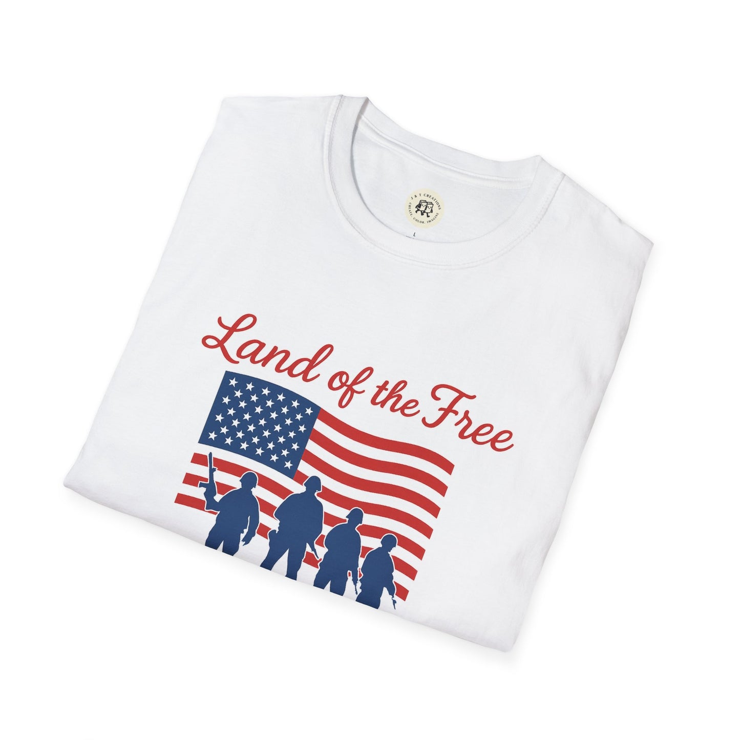 White Land of the Free shirt by Printify featuring American flag and soldier silhouettes