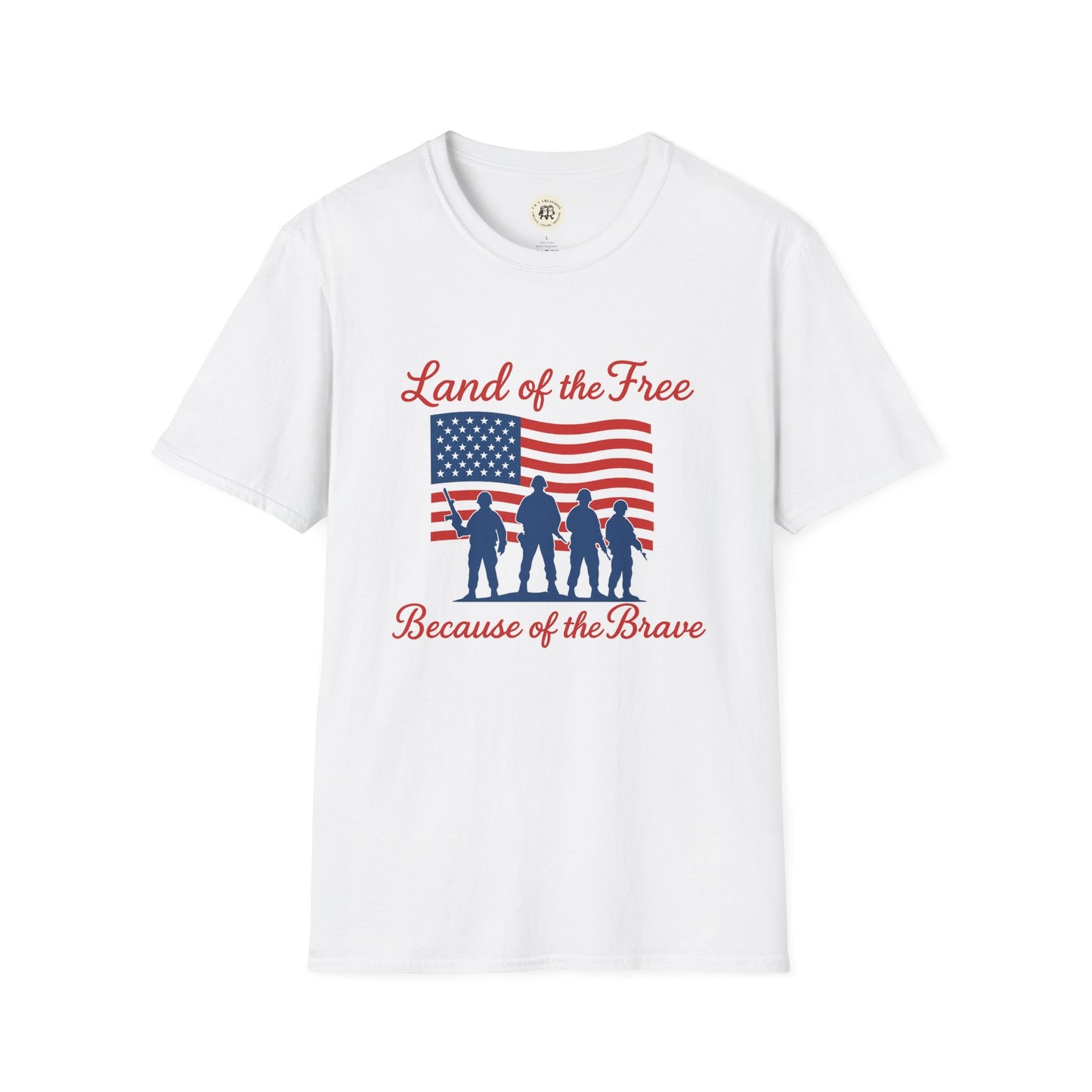 White Land of the Free shirt with American flag and soldier silhouettes patriotic design