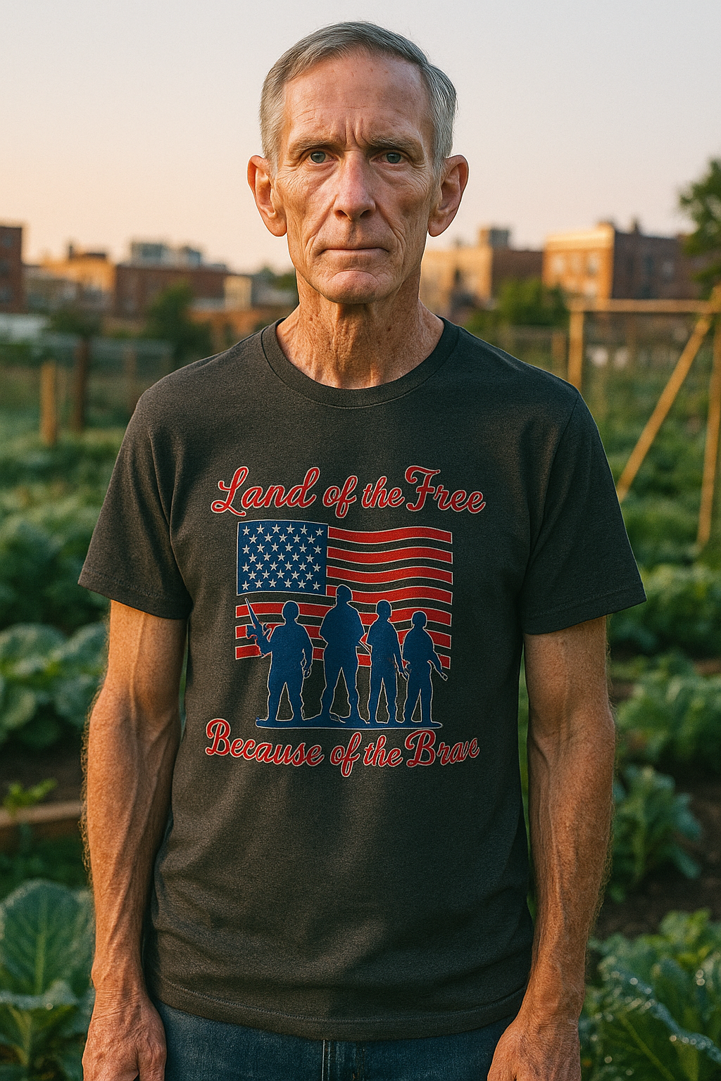 Man wearing a black Land of the Free shirt with American flag and soldier silhouettes