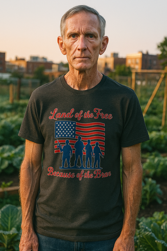 Man wearing a black Land of the Free shirt with American flag and soldier silhouettes