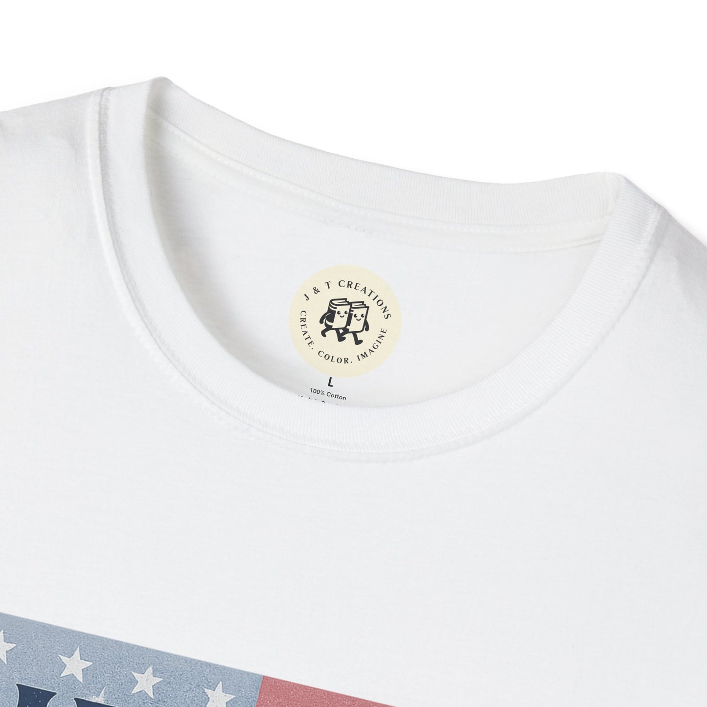 Close-up of white liberty and justice shirt collar and Printify brand tag with partial flag design
