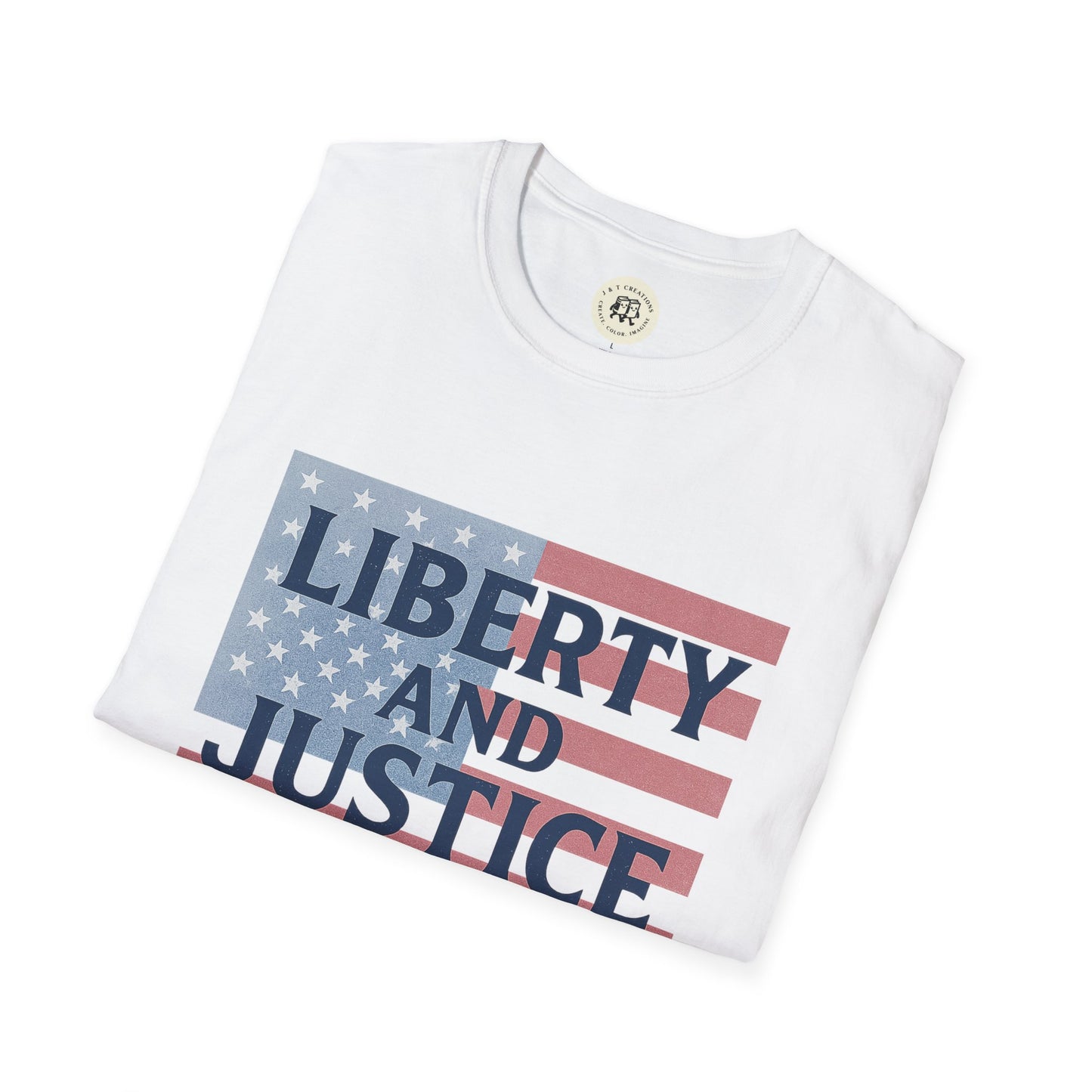 White Printify t-shirt with an American flag design and bold text liberty and justice shirt