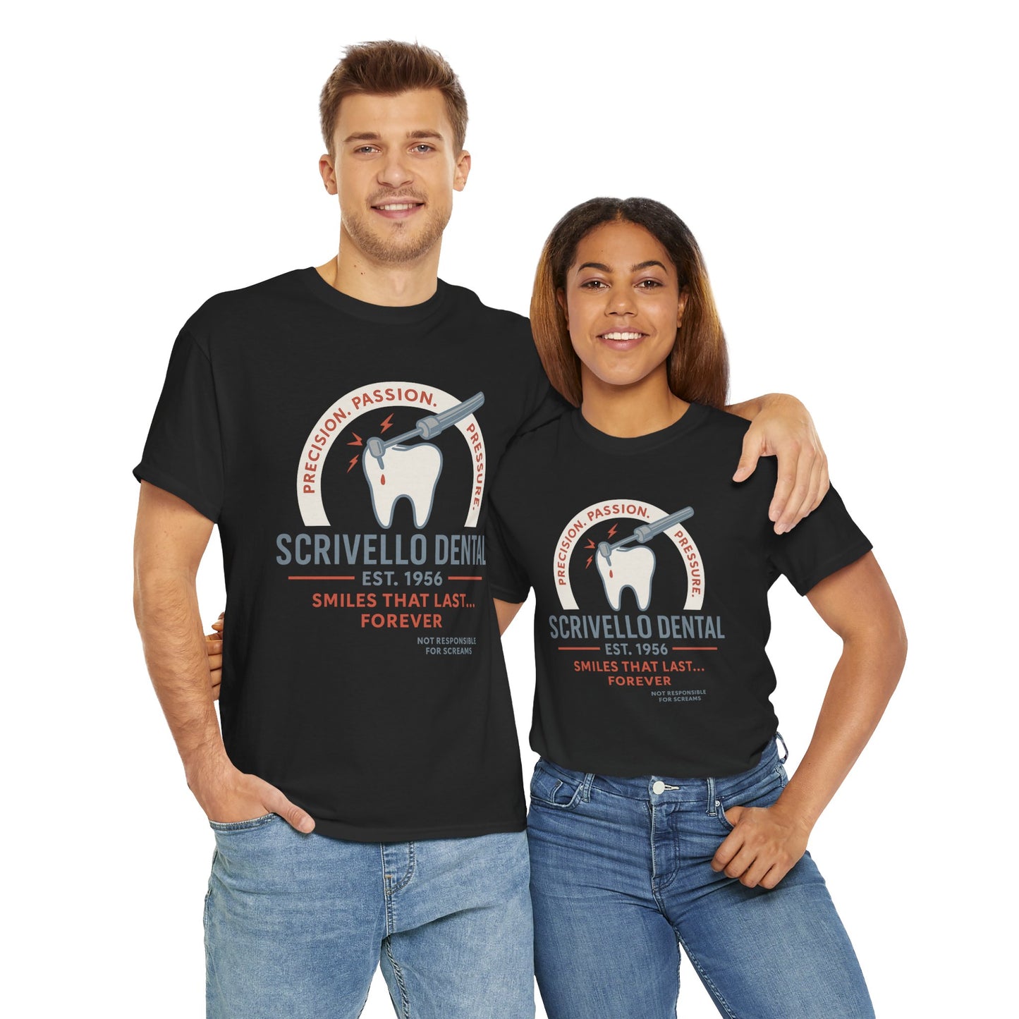 Black Little Shop of Horrors t-shirt featuring Scrivello Dental vintage logo worn by man and woman