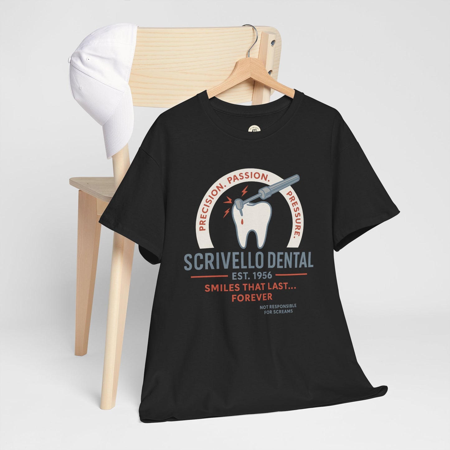 Black Little Shop of Horrors t-shirt by Printify featuring a dental graphic with precision passion pressure text