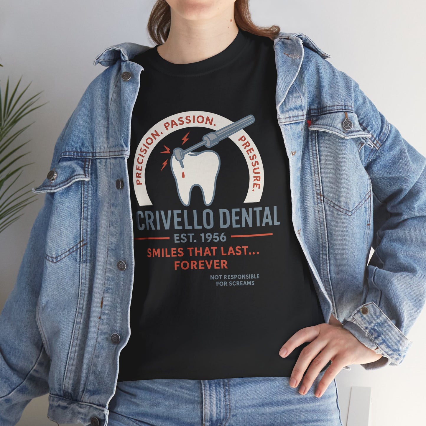 Black Little Shop of Horrors t-shirt featuring Crivello Dental retro design with tooth and dental tool