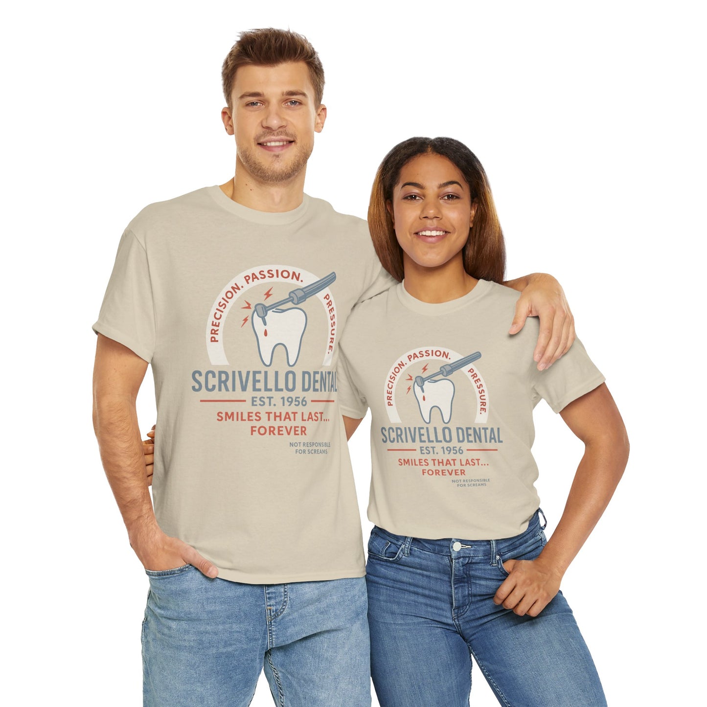 Printify Little Shop of Horrors t-shirt featuring Scrivello Dental design worn by man and woman