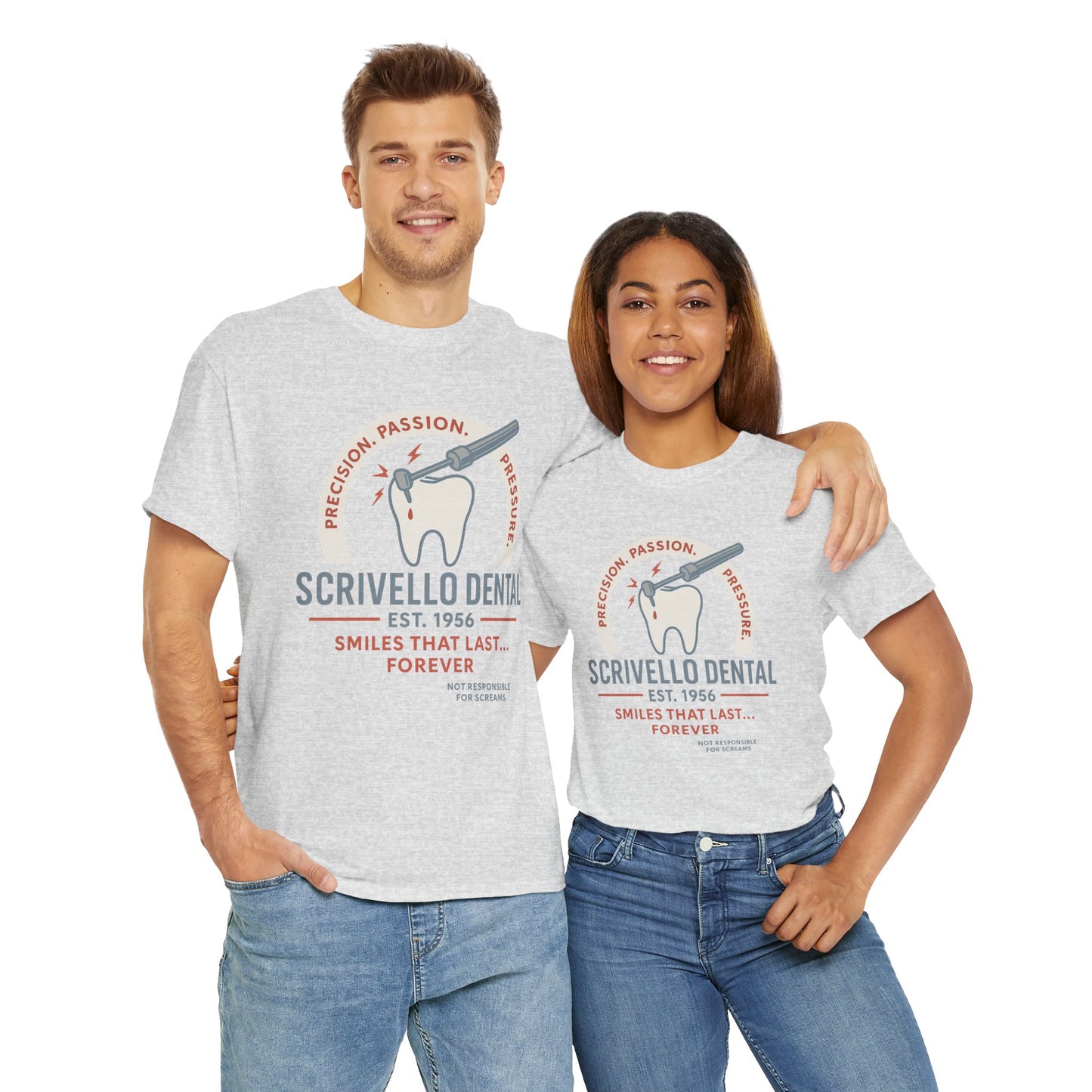 Printify Little Shop of Horrors t-shirt featuring Scrivello Dental logo worn by man and woman