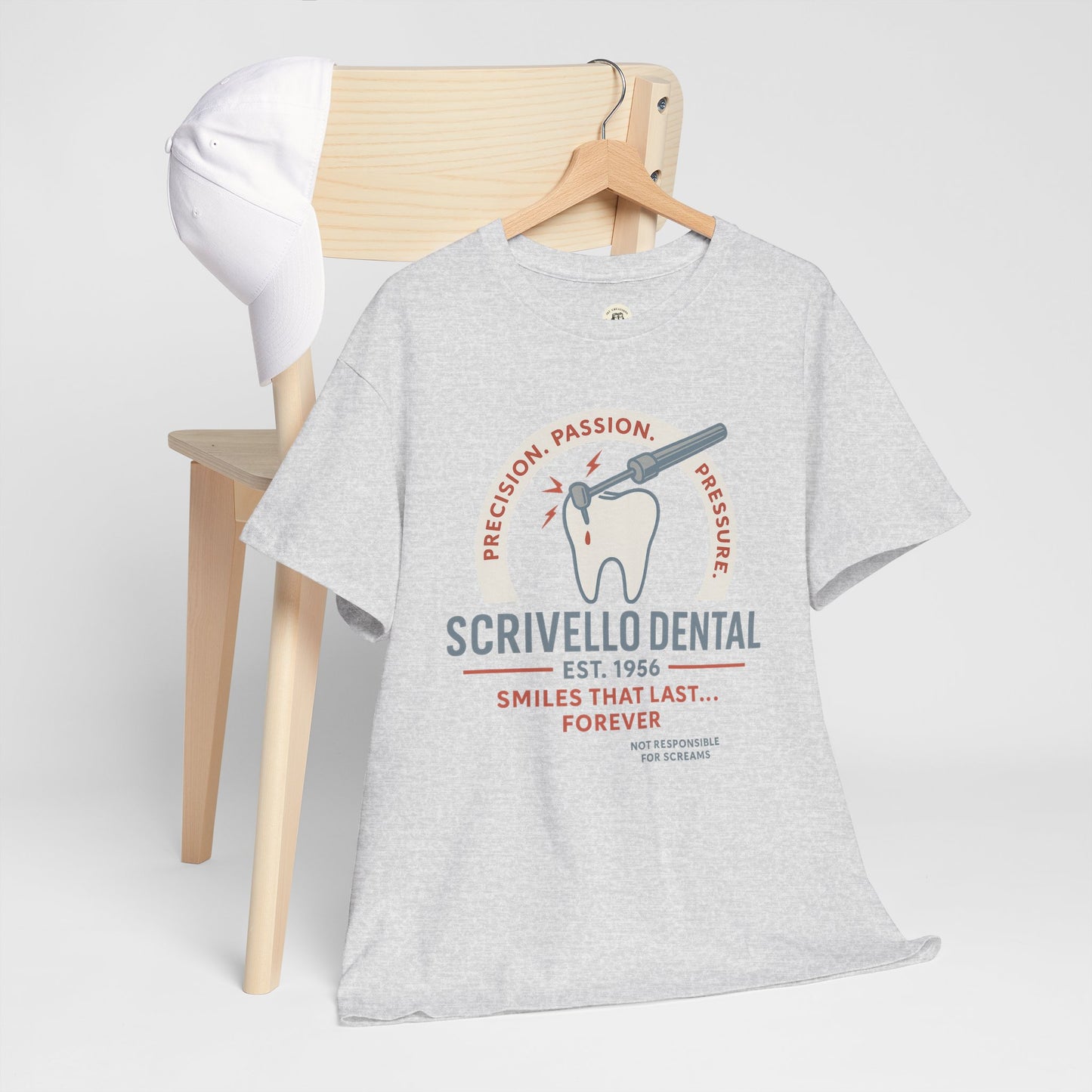 Printify Little Shop of Horrors t-shirt with dental graphic and humorous text in gray color