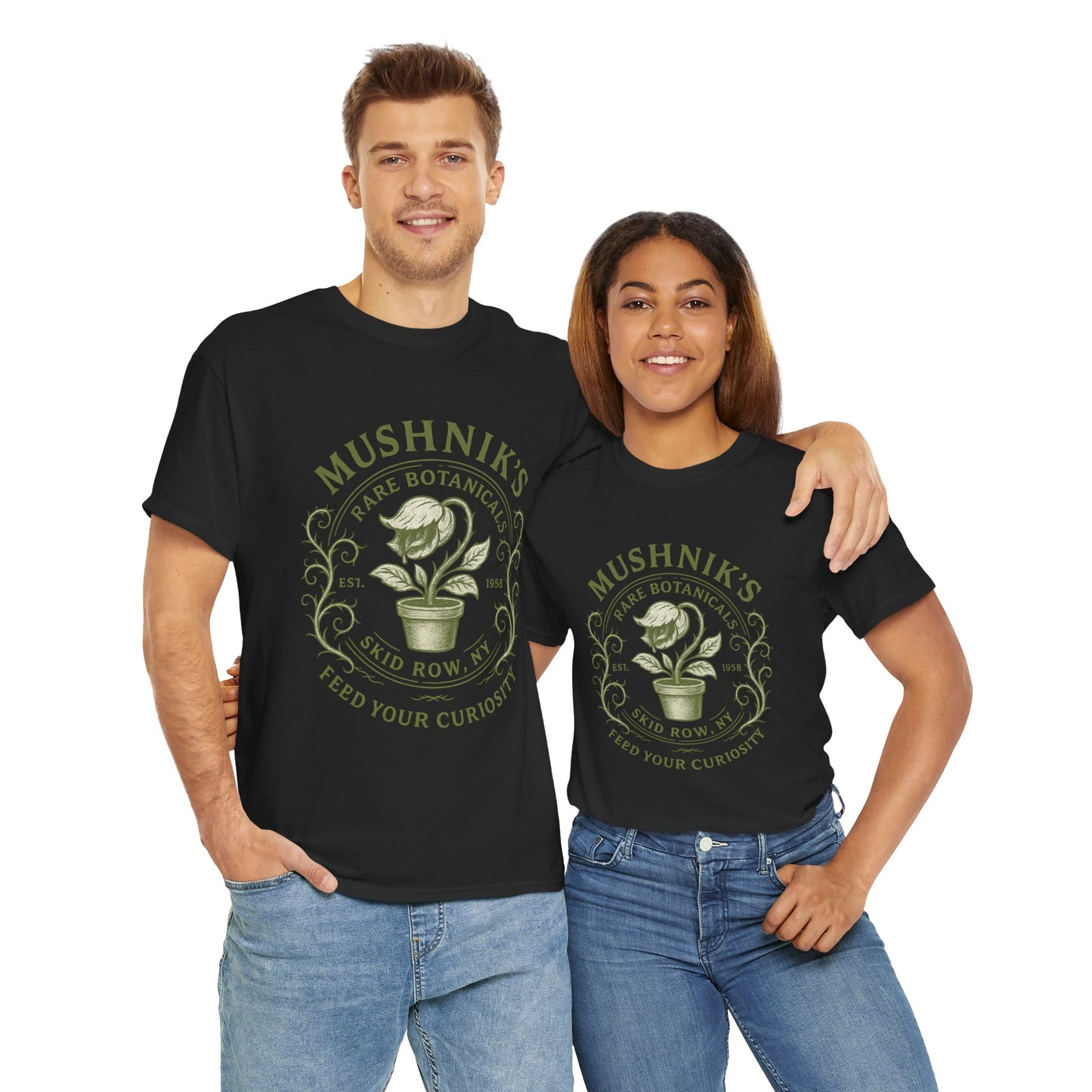 Printify Little Shop of Horrors t-shirt in black with Mushnik's Rare Botanical design worn by man and woman