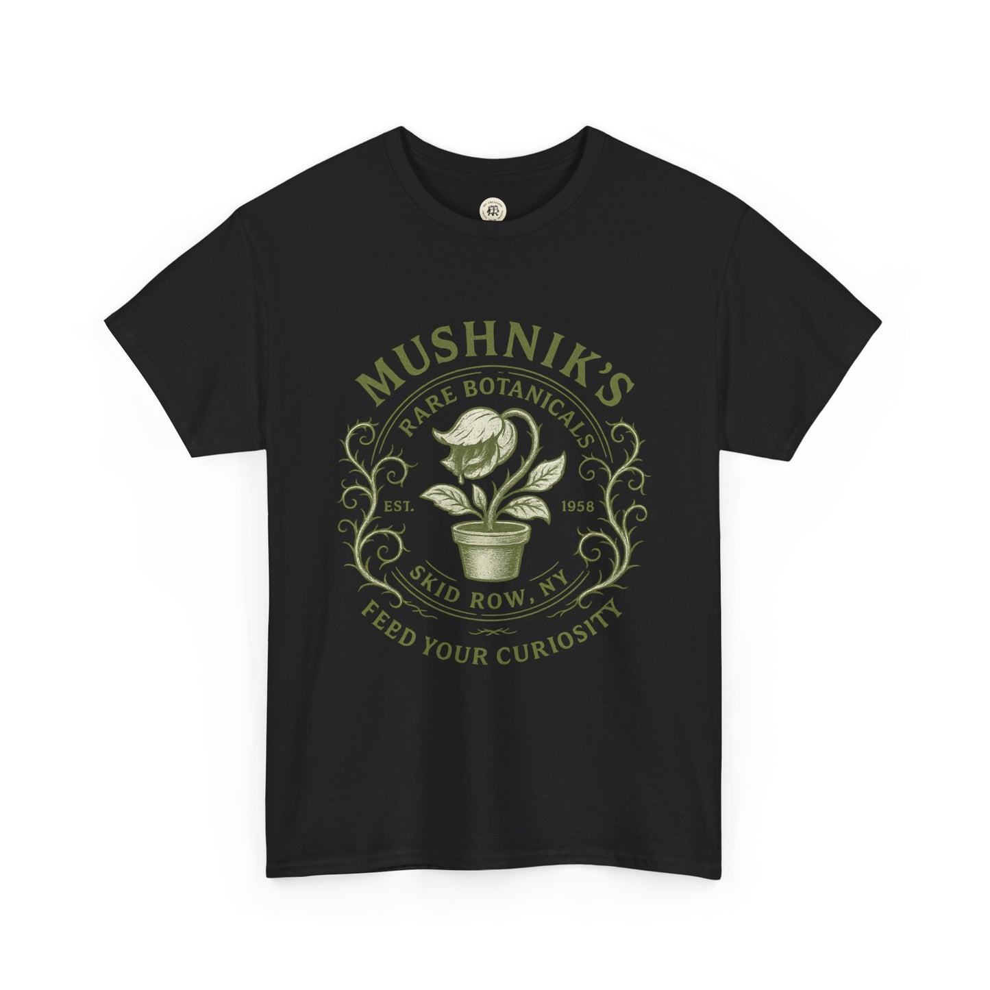 Black Little Shop of Horrors t-shirt featuring Mushnik's Rare Botanicals plant graphic from Skid Row