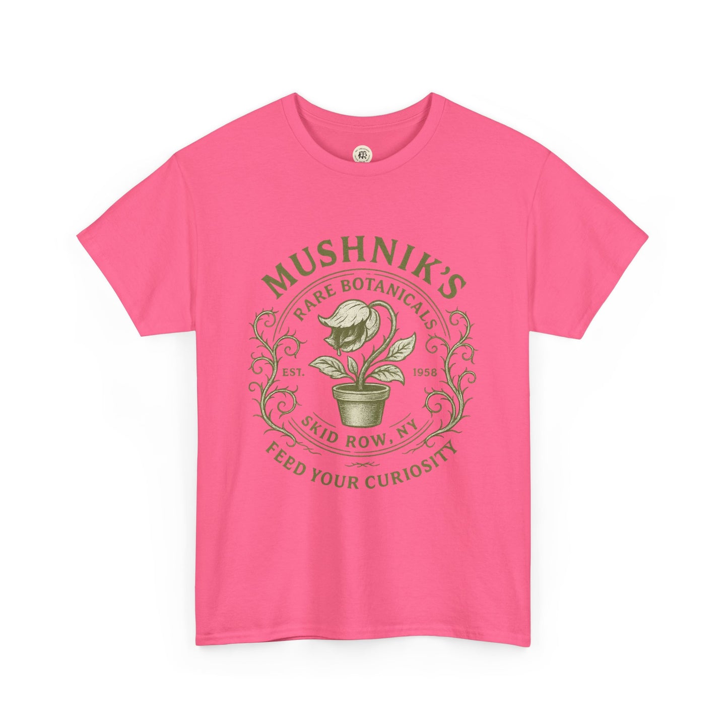 Pink Little Shop of Horrors t-shirt featuring Mushnik's Rare Botanicals plant design by Printify