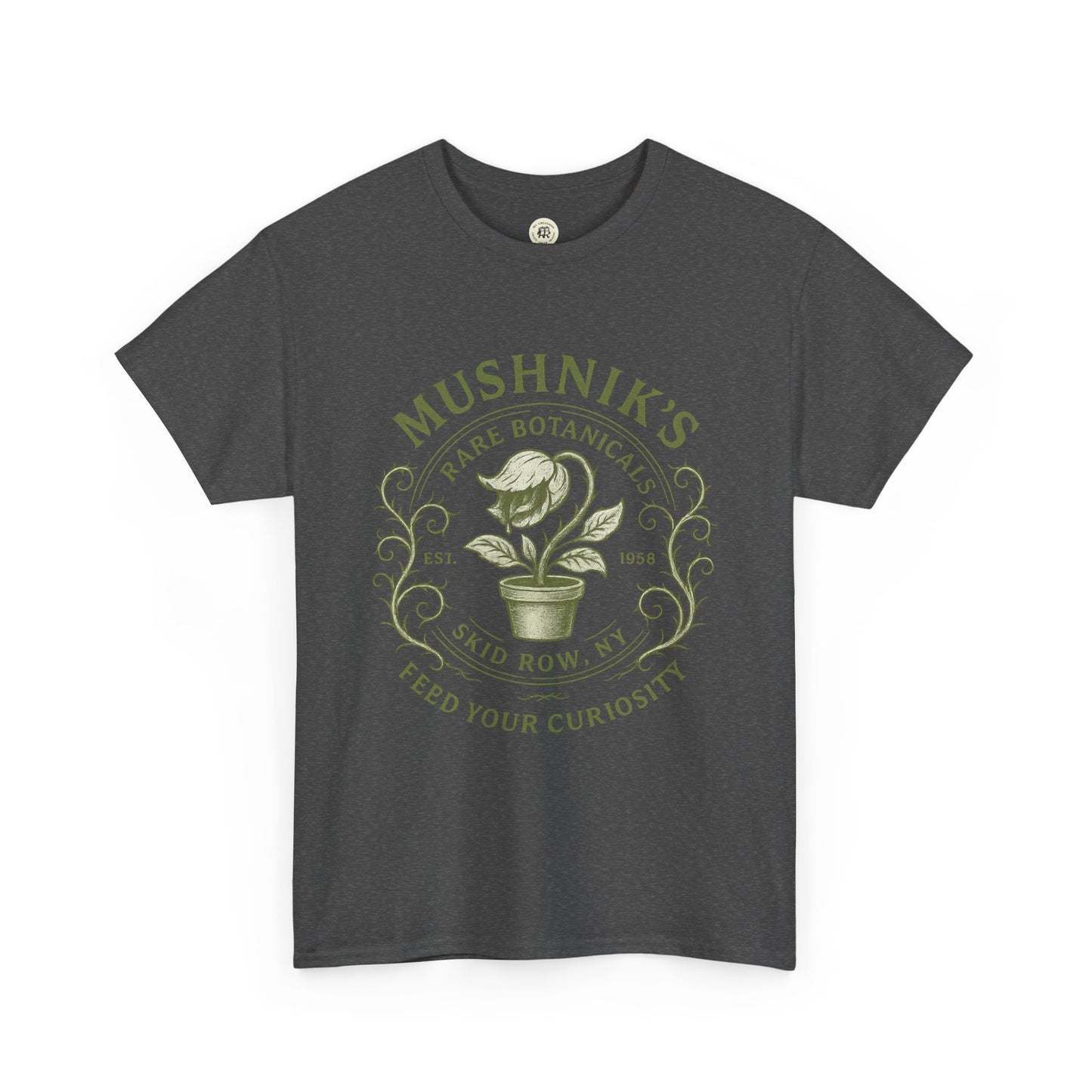 Printify Little Shop of Horrors t-shirt featuring Mushnik's Rare Botanicals plant design in green on dark gray