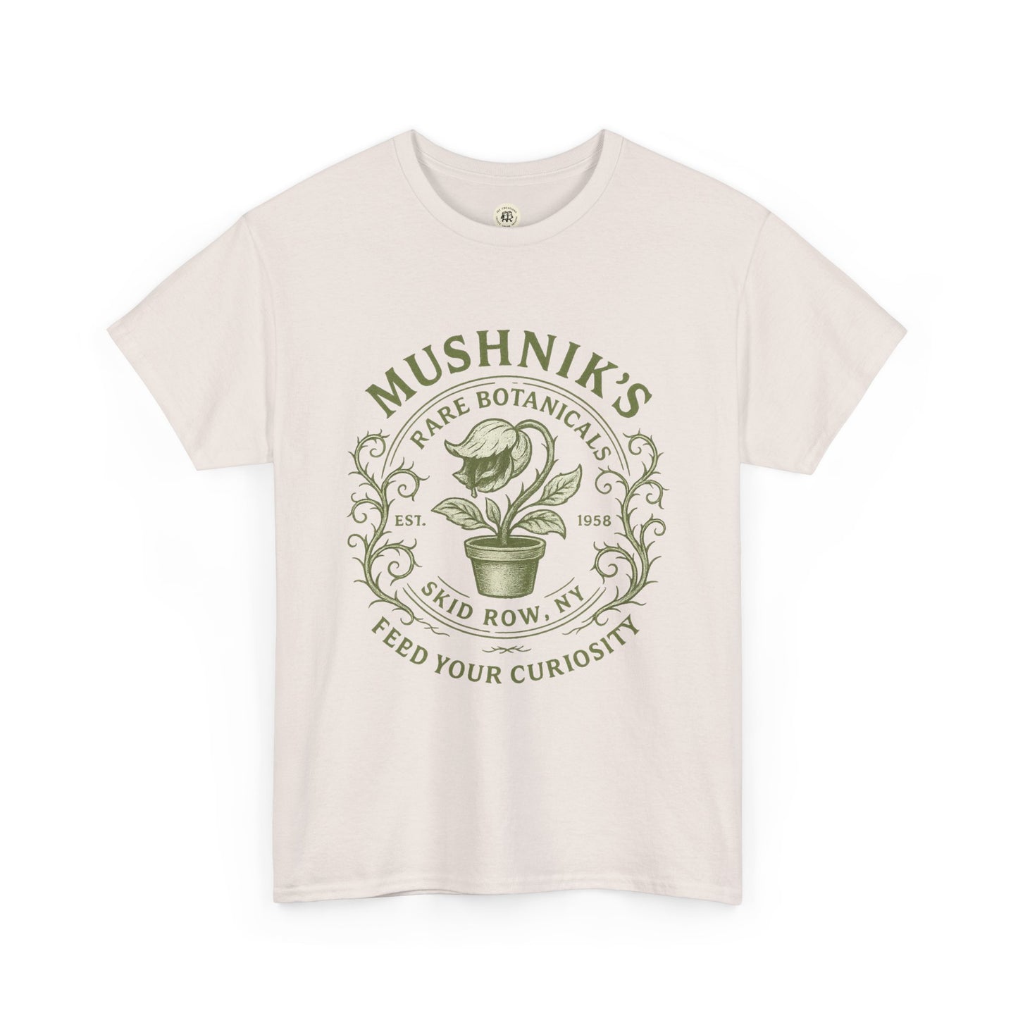 Printify Little Shop of Horrors t-shirt with green botanical plant graphic on white fabric