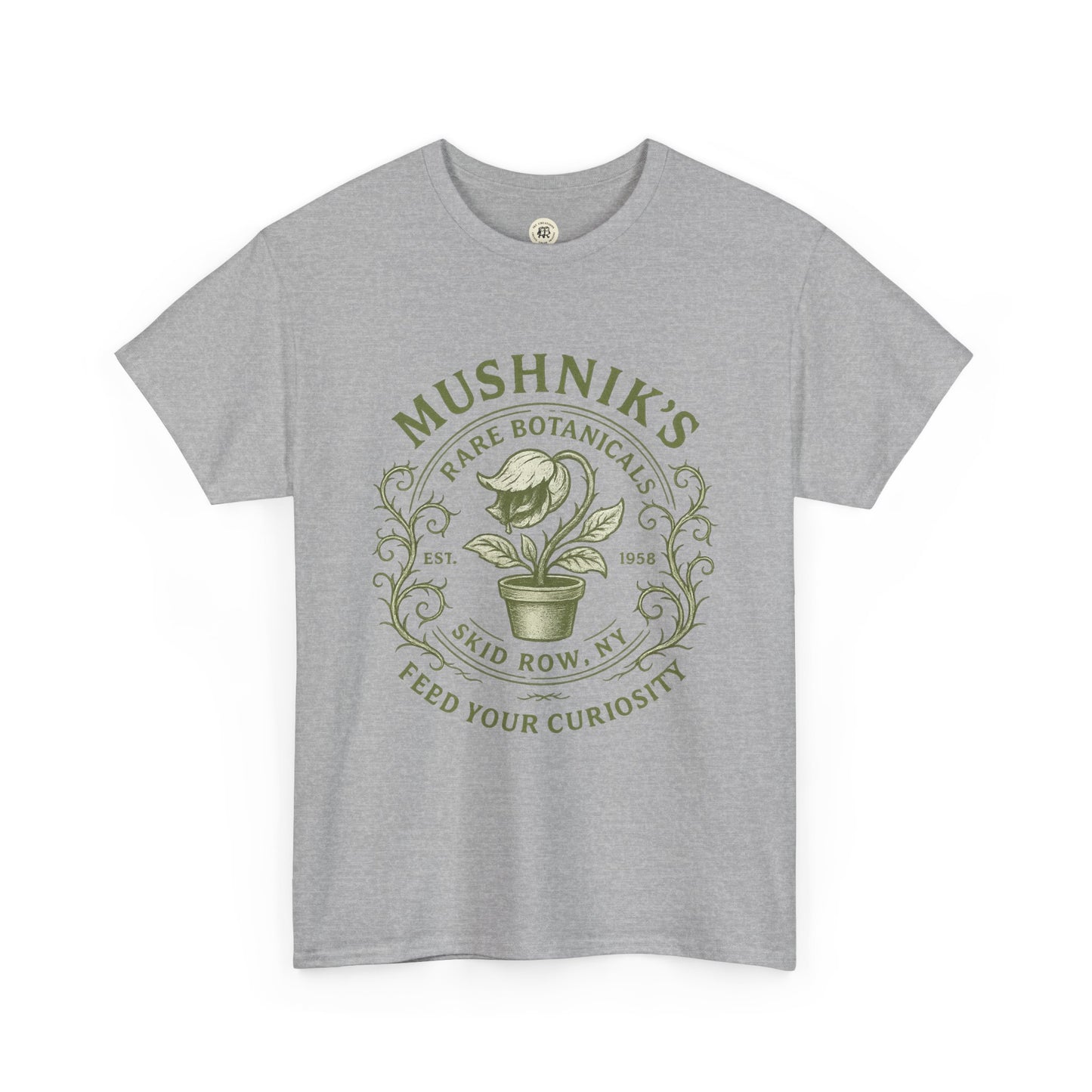 Gray Little Shop of Horrors t-shirt with green Mushnik's Rare Botanicals plant design