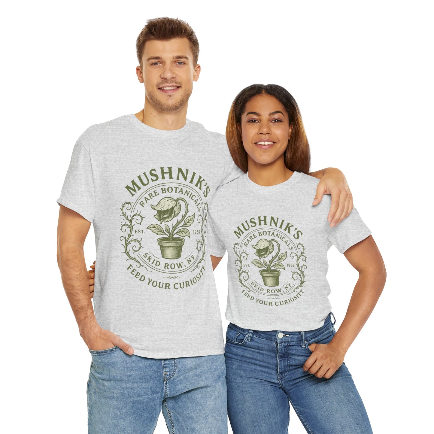 Printify Little Shop of Horrors t-shirt featuring Mushnik's Rare Botanicals design on light gray fabric