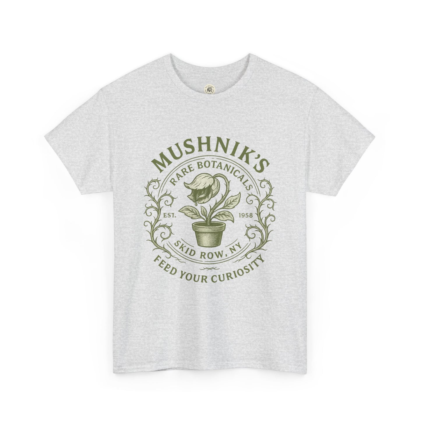 Printify Little Shop of Horrors t-shirt with Mushnik's Rare Botanicals design in green on light gray