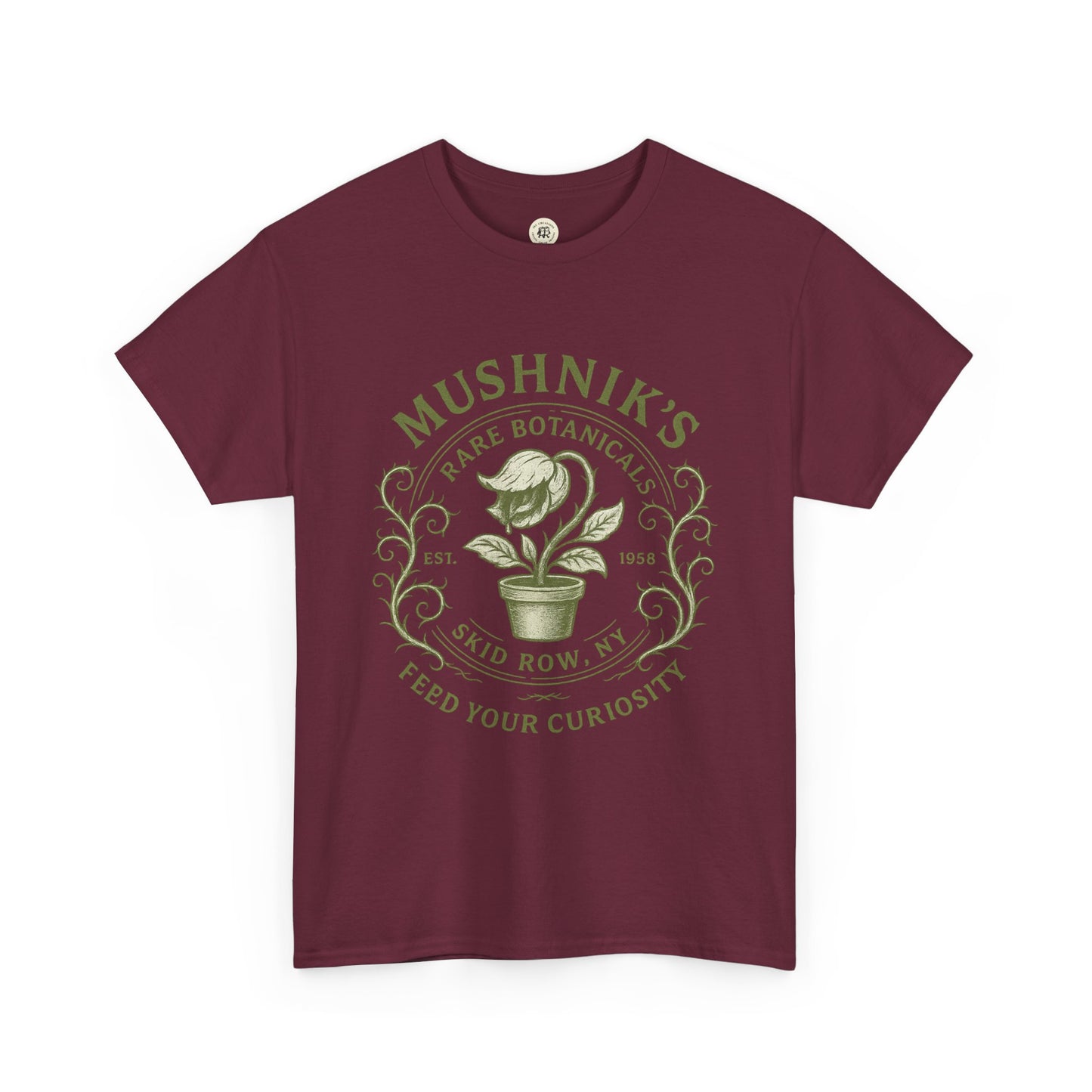 Printify Little Shop of Horrors t-shirt in maroon with green Mushnik's Rare Botanicals graphic design