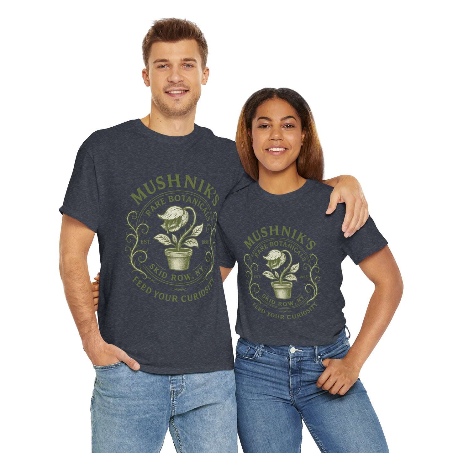 Printify Little Shop of Horrors t-shirt with Mushnik's Botanical Plant Design worn by man and woman