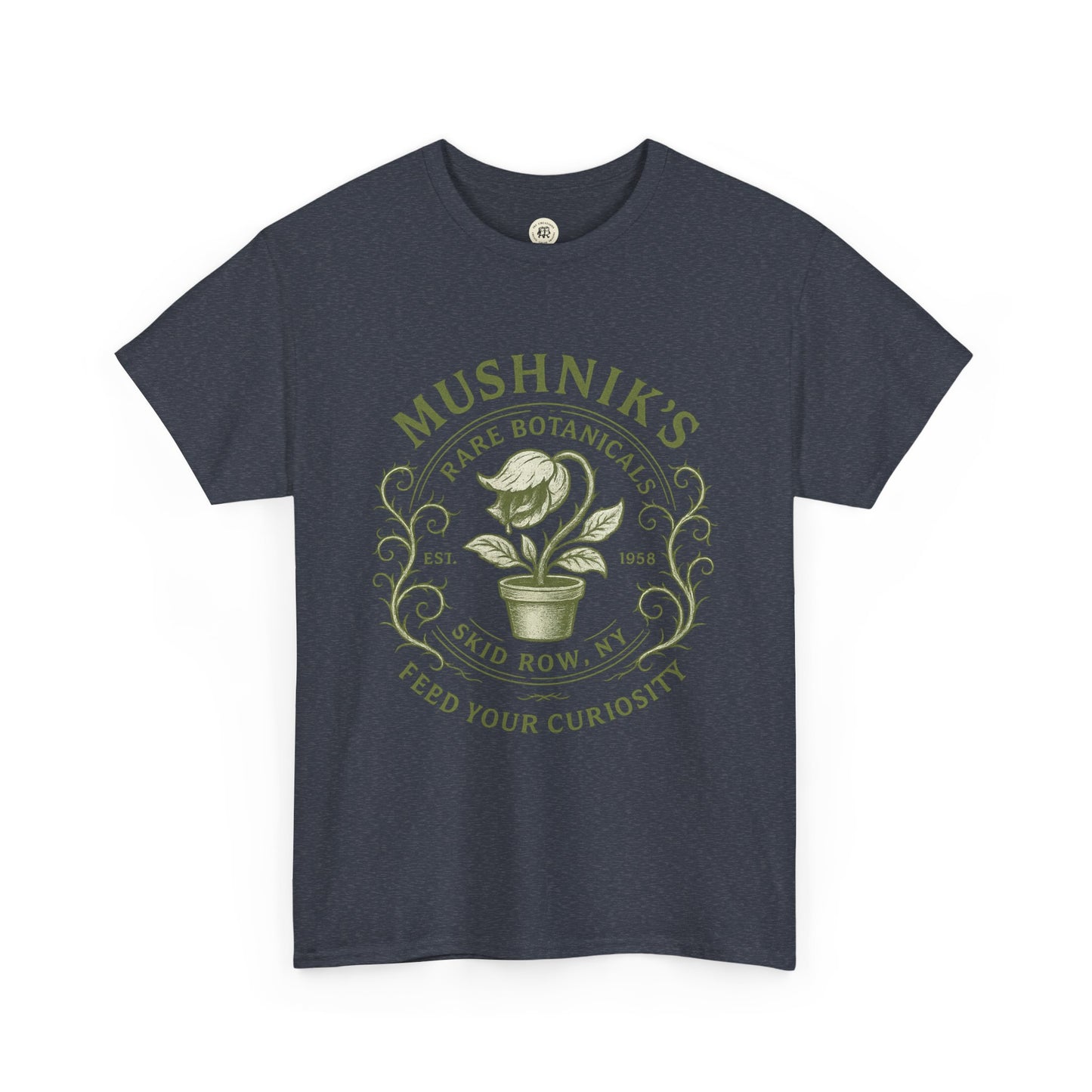 Dark gray Little Shop of Horrors t-shirt featuring Mushnik's Rare Botanicals graphic design