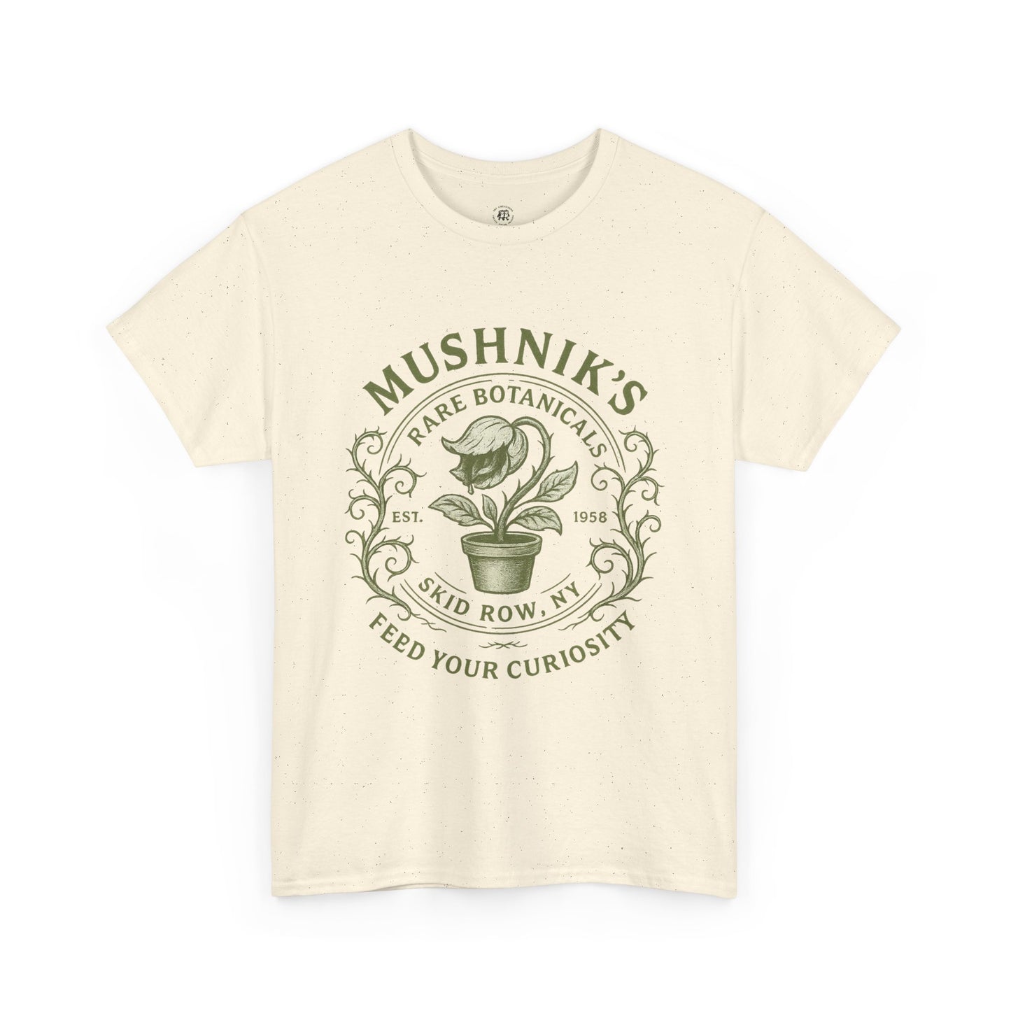 Printify Little Shop of Horrors t-shirt featuring vintage botanical plant graphic in green on cream fabric