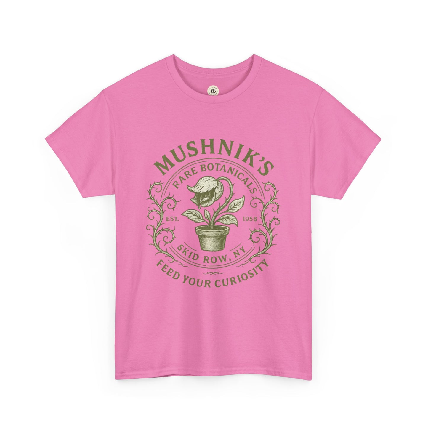 Pink Little Shop of Horrors t-shirt with Mushnik's Rare Botanicals plant graphic by Printify