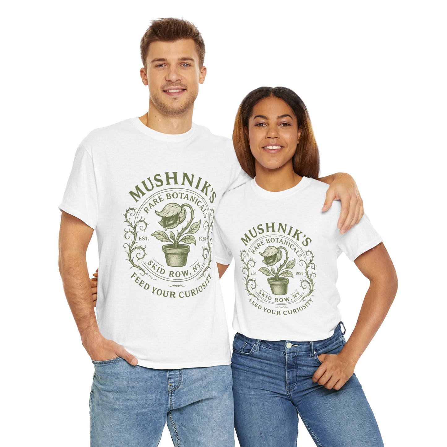 Couple wearing white Little Shop of Horrors t-shirt with green Mushnik's Rare Botanical design from Printify