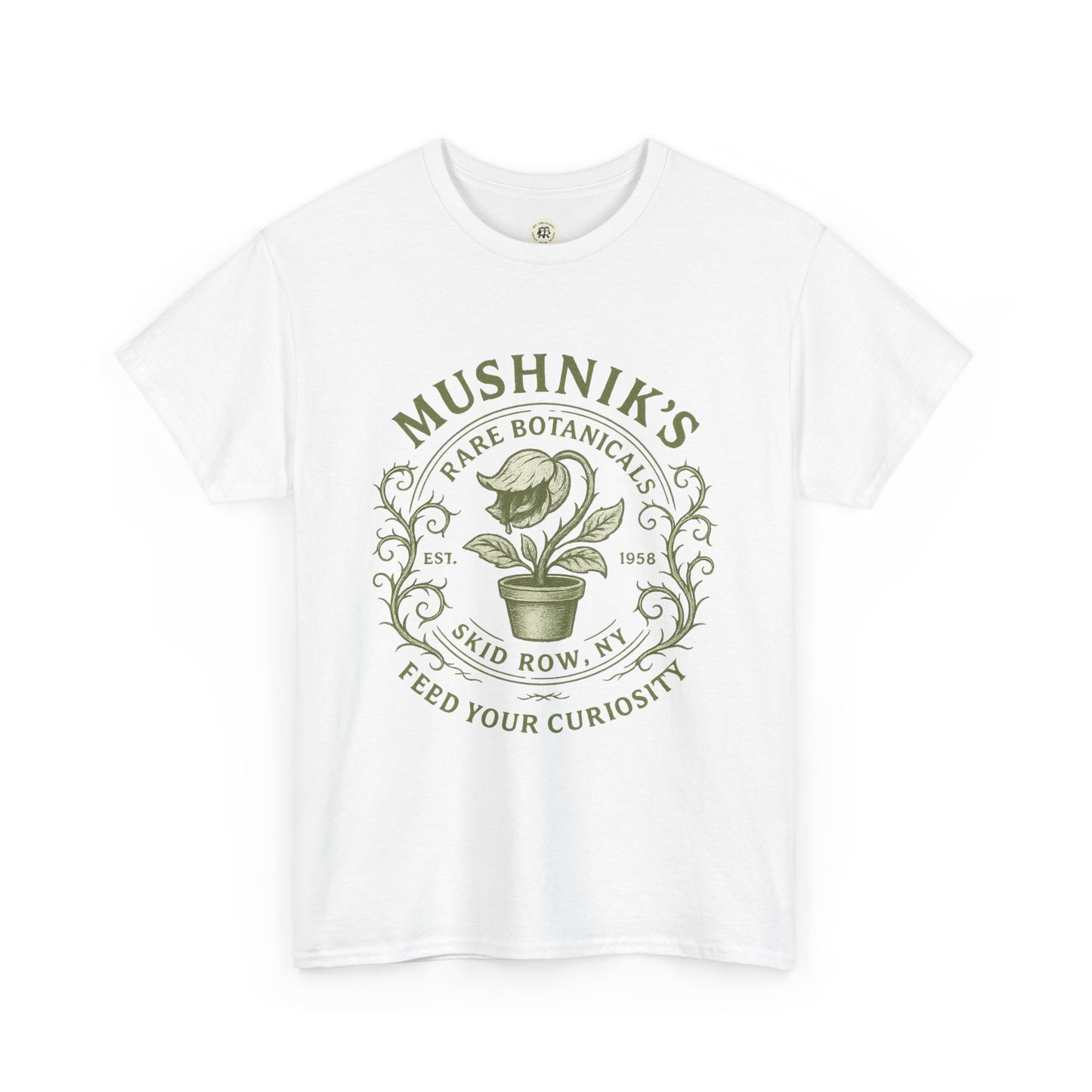 White Little Shop of Horrors t-shirt by Printify featuring Mushnik's Rare Botanicals graphic design