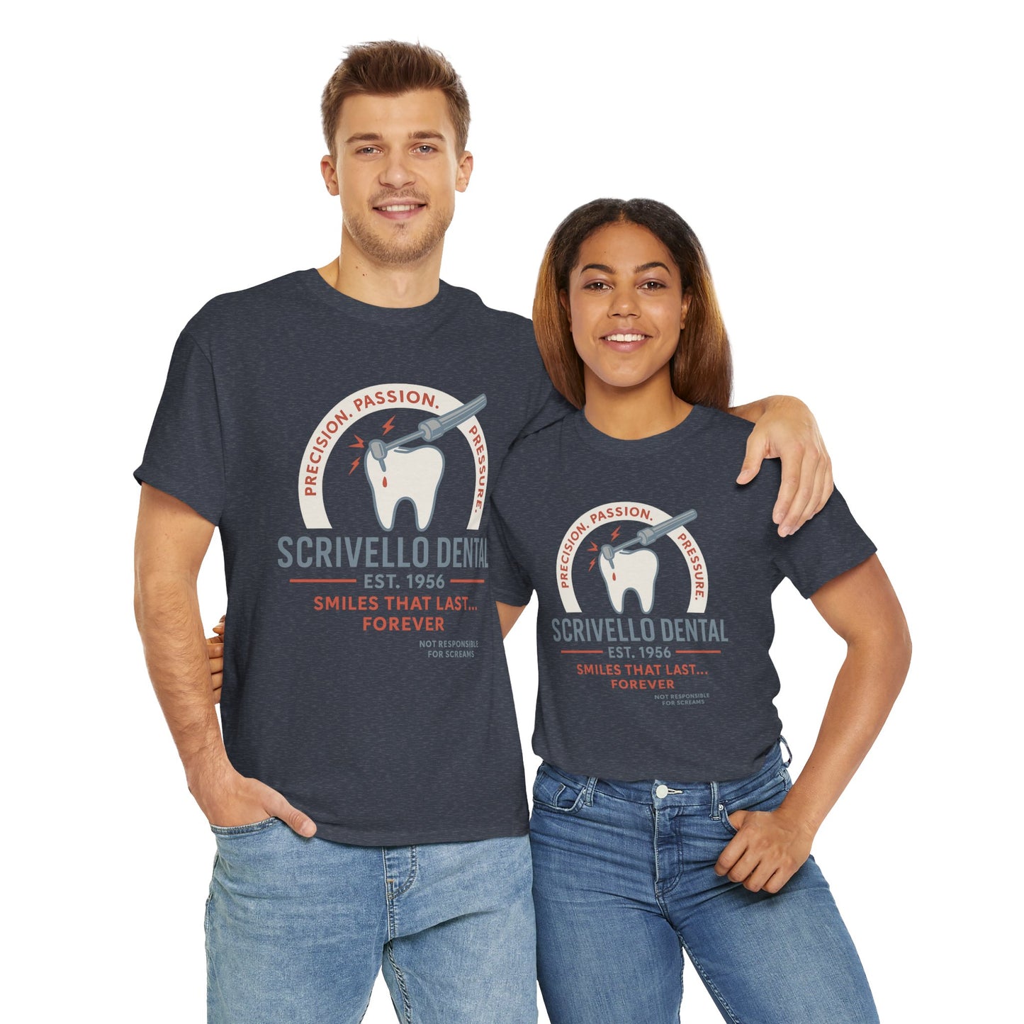 Couple wearing matching Little Shop of Horrors t-shirt with dental graphic and slogan by Printify