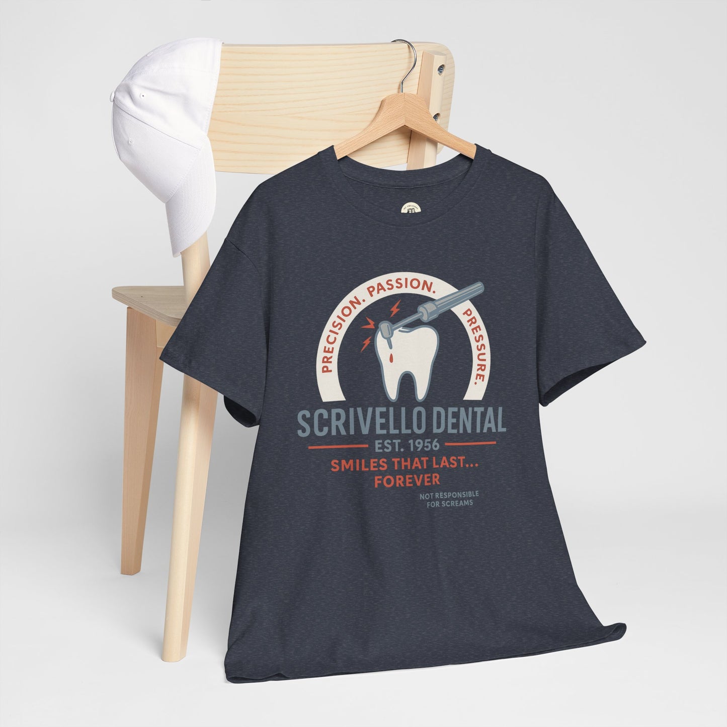 Printify Little Shop of Horrors t-shirt with vintage dental graphic and text on dark fabric