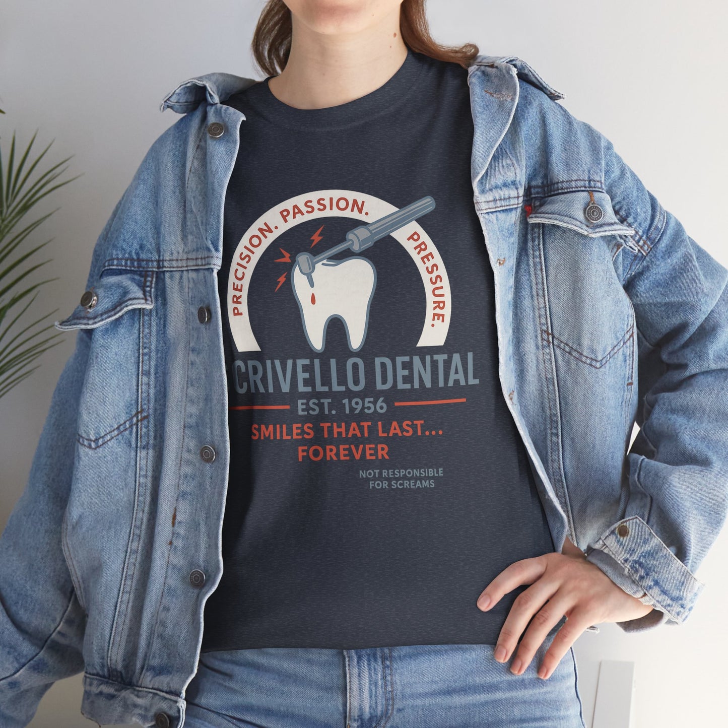 Little Shop of Horrors t-shirt with Crivello Dental logo and vintage dental design in navy blue