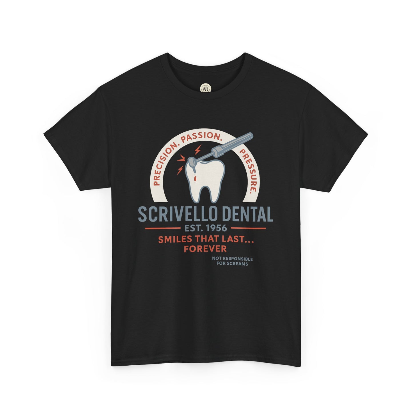 Black Little Shop of Horrors t-shirt featuring Scrivello Dental graphic with tooth and dental tools