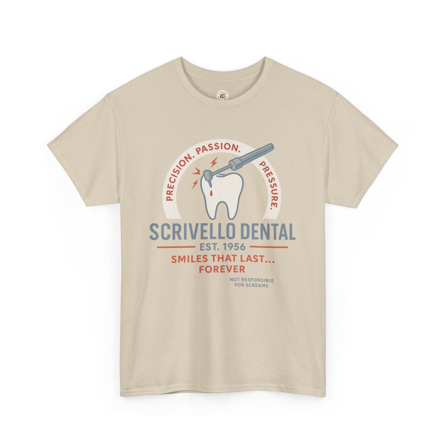 Printify Little Shop of Horrors t-shirt with Scrivello Dental vintage tooth graphic in beige