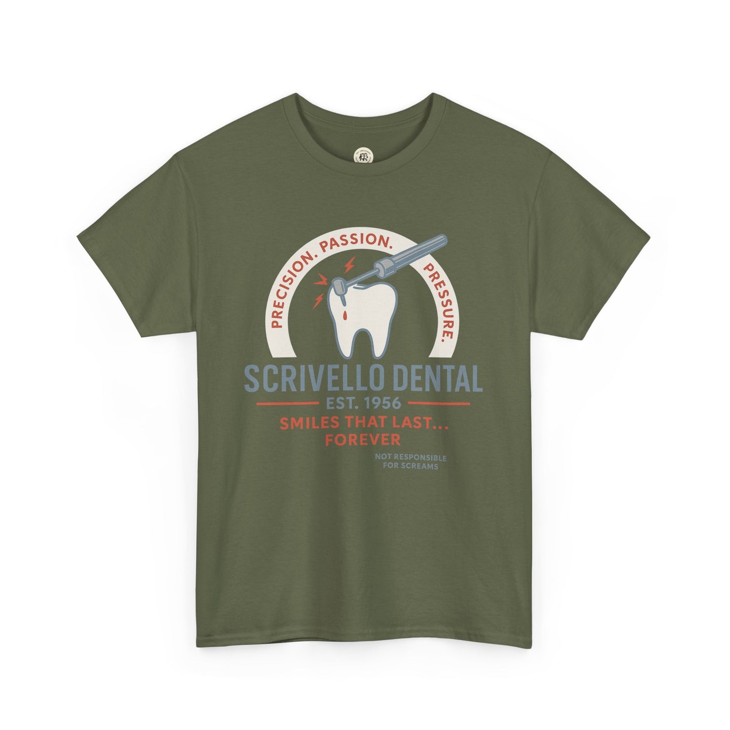 Olive green Little Shop of Horrors t-shirt with Scrivello Dental graphic and vintage style design
