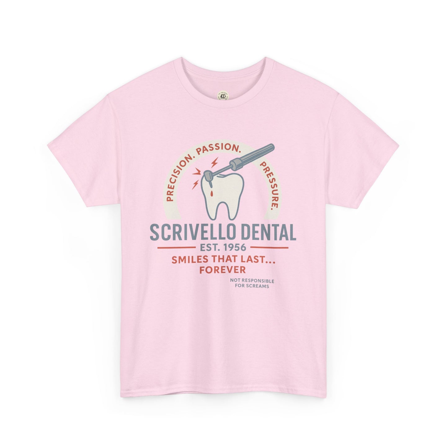 Pink Little Shop of Horrors t-shirt with Scrivello Dental graphic design and retro style print
