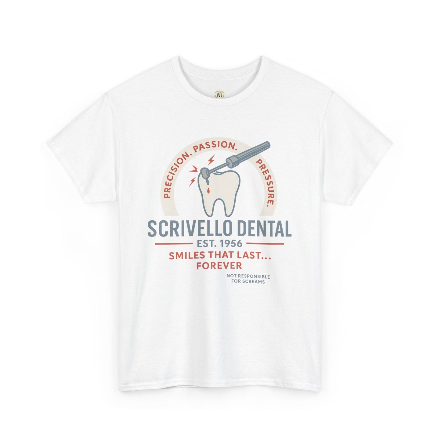 White Printify Little Shop of Horrors t-shirt featuring Scrivello Dental graphic with tooth and dental tool design