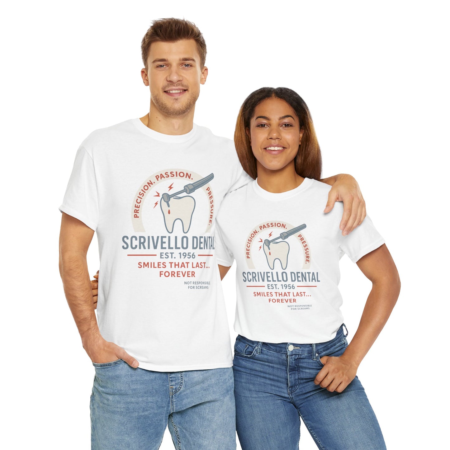 Printify Little Shop of Horrors t-shirt featuring Scrivello Dental logo with tooth and dental tool design