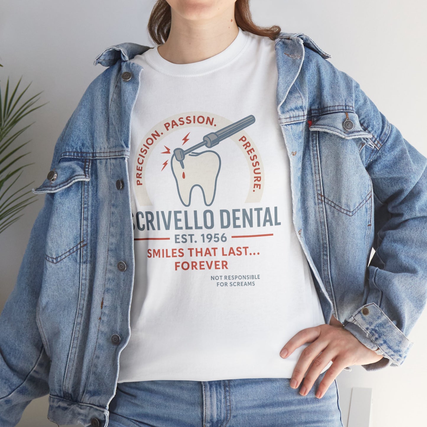 Little Shop of Horrors t-shirt with Scrivello Dental vintage design worn under denim jacket