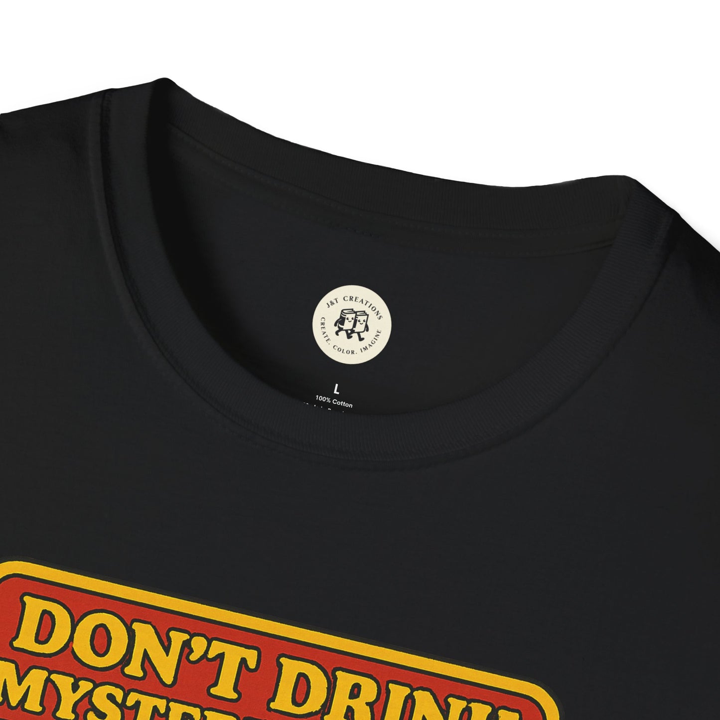 Black Printify t-shirt featuring a colorful mad hatter food safety shirt text design