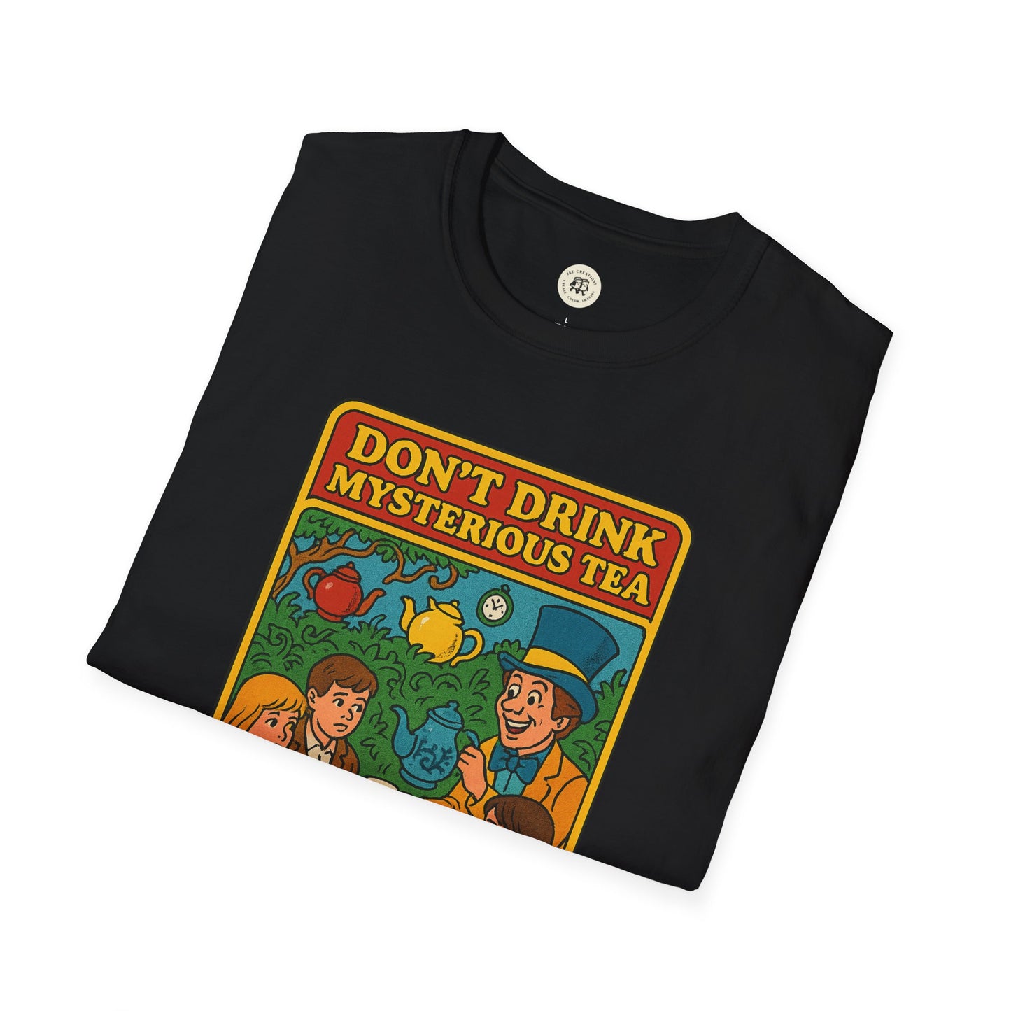 Black Printify T-shirt featuring mad hatter food safety shirt design with colorful tea warning graphic