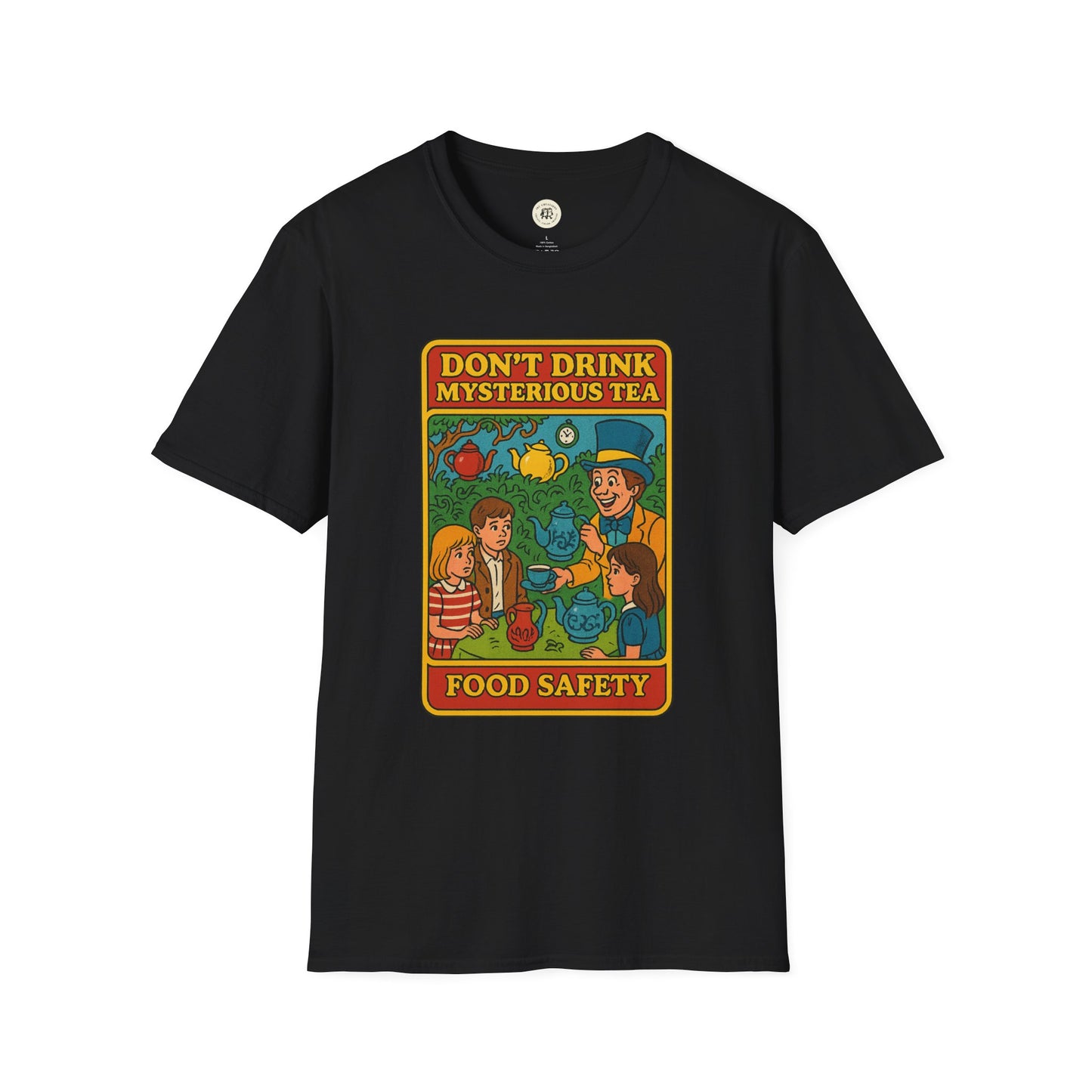Black Printify t-shirt featuring a colorful mad hatter food safety shirt design with tea theme