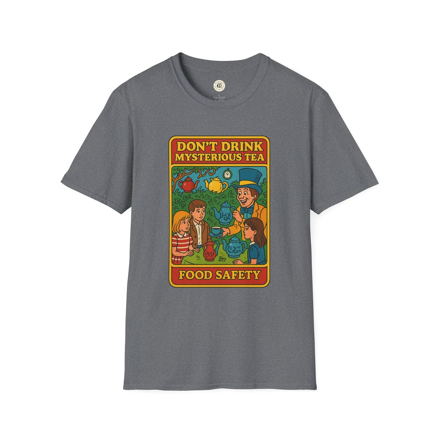 Gray Printify mad hatter food safety shirt with colorful tea party graphic and food safety message