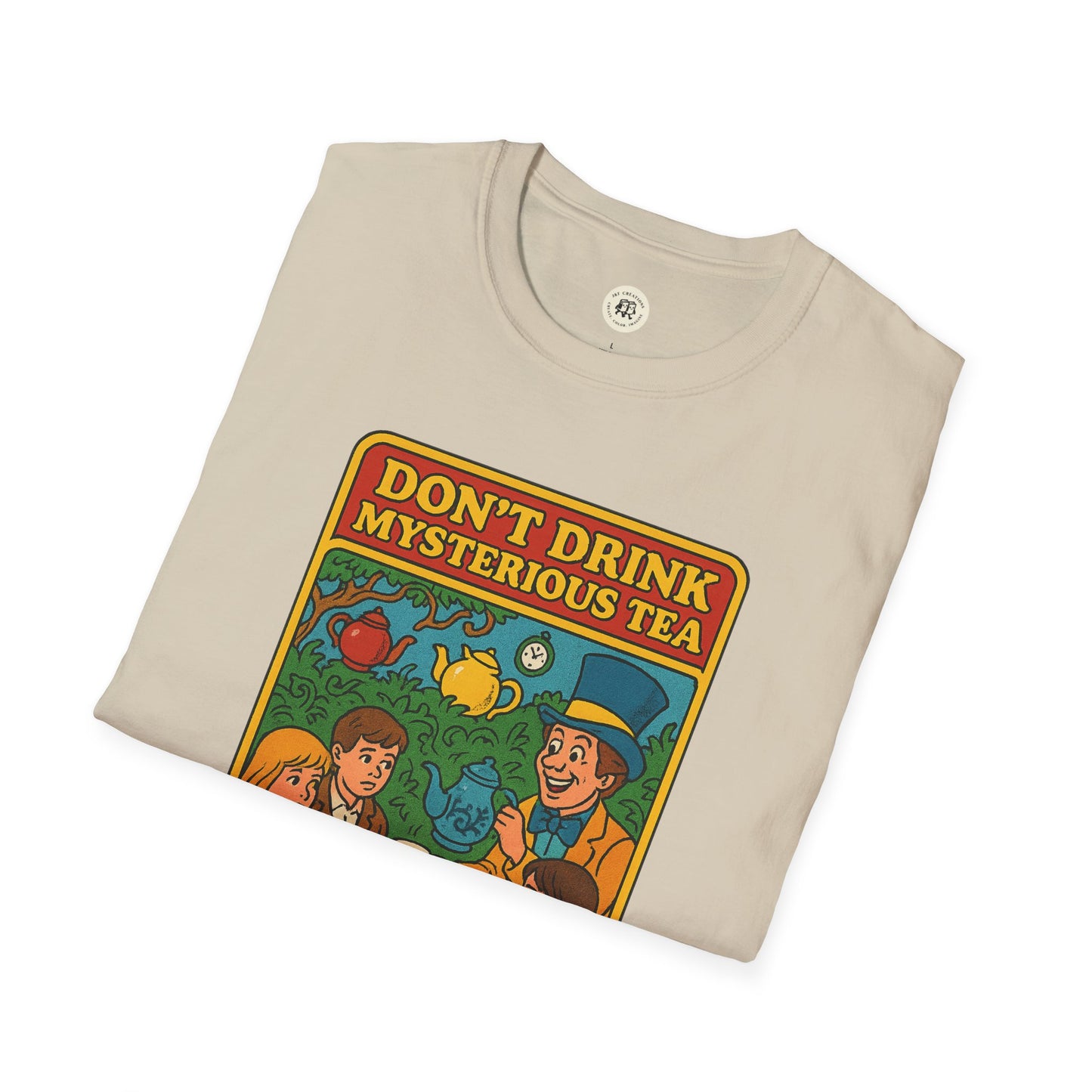 Printify beige T-shirt featuring a colorful mad hatter food safety shirt design with tea and characters