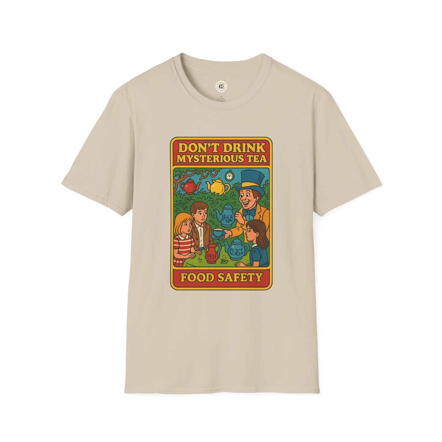 Printify beige t-shirt featuring mad hatter food safety shirt design with colorful tea party graphic