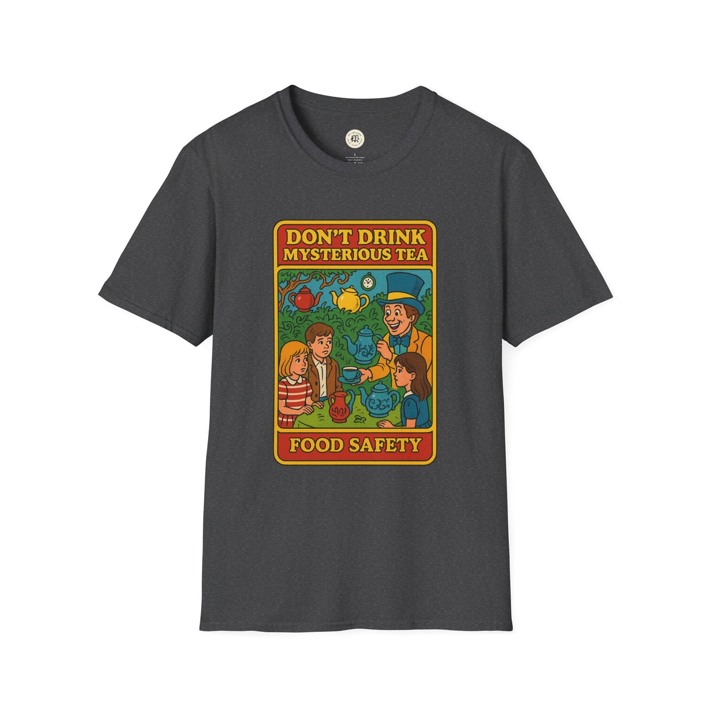 Printify gray t-shirt with mad hatter food safety shirt design featuring whimsical tea party graphic