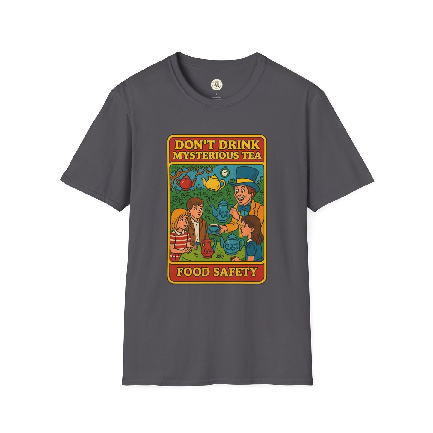 Gray Printify t-shirt featuring colorful mad hatter food safety shirt design with tea and characters
